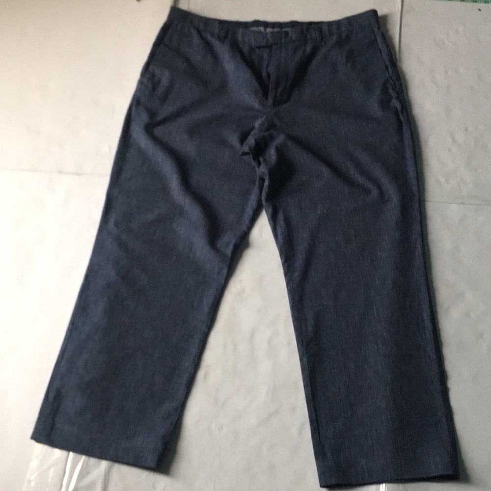 Blue Stretch Fit Pants, Wide Straight legs, 3/4 length, mid calf.